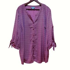 Catherines Blouse Womens‎ 3X Burgundy Geometric Print Tie Sleeve Boho Mature